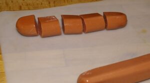 Pork Main Dish Recipes (Ham and Sausage too) – Delicious to Eat! 8 Hot dogs cut into 5 pieces.