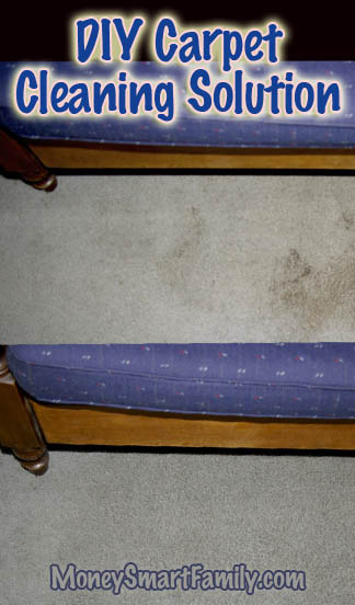 Photos of dirty and clean carpet and a description of DIY carpet cleaning solution.