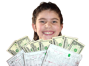 Smiling girl - Abbey Economides with large envelopes with money sticking out of them.