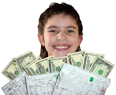 Smiling girl with 3 large white envelopes with money fanning out of the top of them.