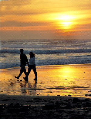 A couple walking on the beach at sunset.