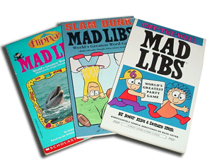 3 Mad Libs books on a countertop.
