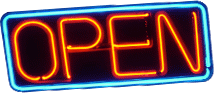 Neon sign with a blue border and the word "Open" in red neon.