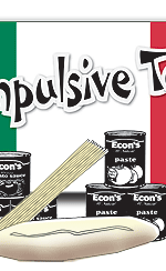 Italian Flag with words "Be Impulsive tonight!" and spaghetti sauce and italian bread in front of it.