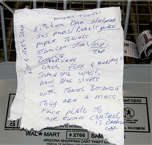 Shopping List written on a Paper Towel - a bad example of a shopping list