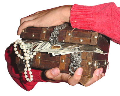 Two hands clutching a treasure chest.