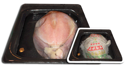 A raw turkey defrosting in salt water bath in a black kitchen sink.