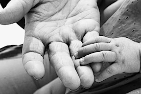 Grandma's hand being held by a baby's hand.
