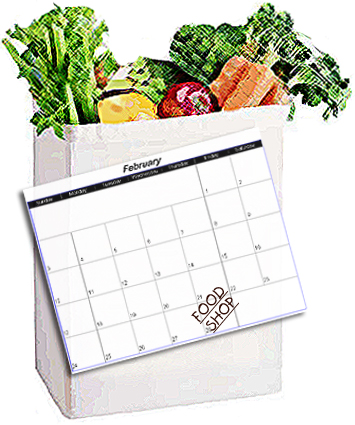 Paper grocery bag full of vegetables, with a calendar on the front of the bag.
