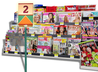 Grocery Store magazine rack full of assorted magazines.