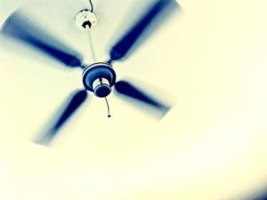 A four bladed ceiling fan spinning on a white ceiling.