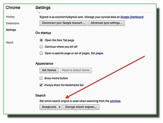 Screen shot from Chrome on how to set your search engine preferences.
