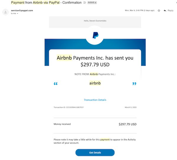 Airbnb payment notification from Paypal.