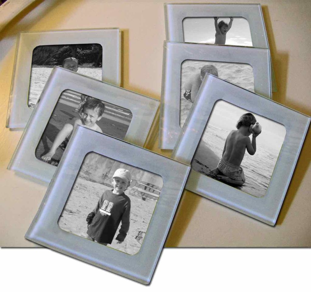 Coasters for glasses made from old pictures at the beach.