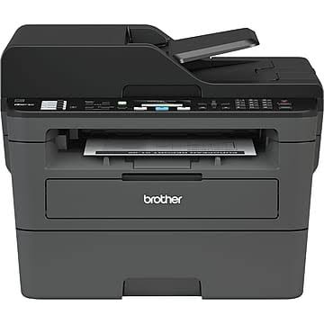 A black and grey Brother MFC laser printer.