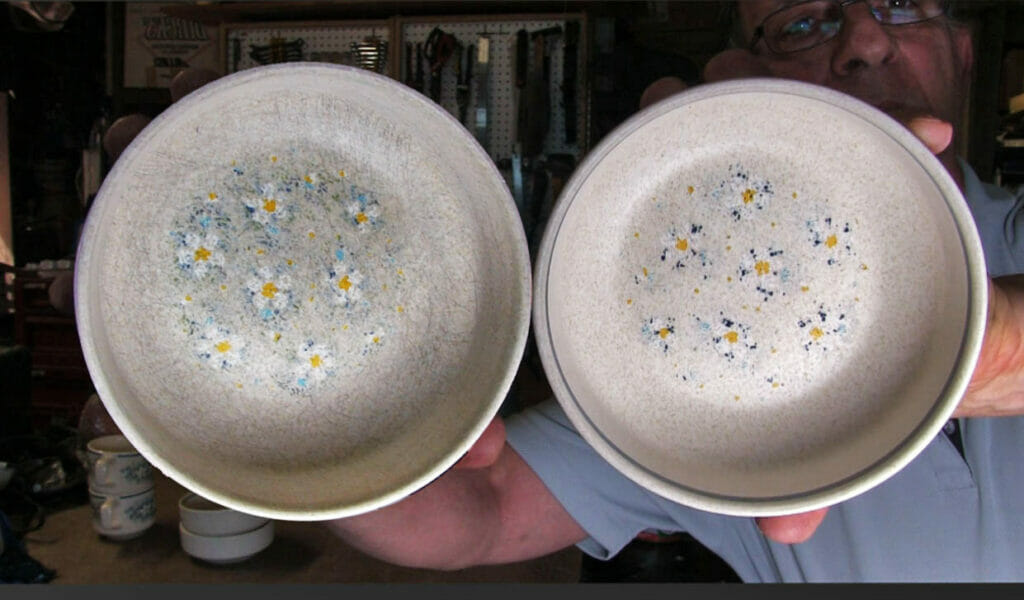 Before and After Photo of Bowls with knife and scratch marks cleaned