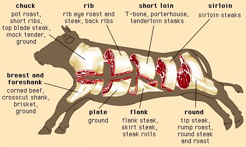 Arby's Roast Beef Sandwich Weight: Are You Getting Your Money's Worth? 3 Cuts of meat from a cow diagram for arby's roast beef.