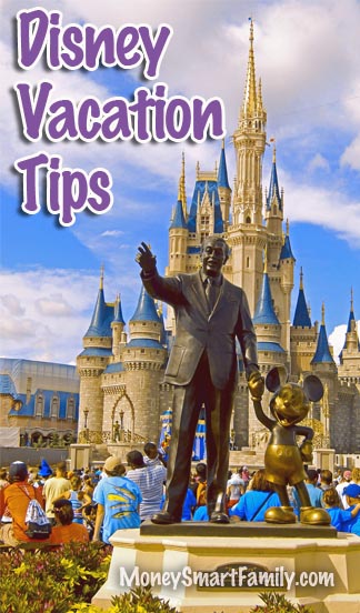 Disney Vacation Tips - Walt Disney and Mickey Mouse standing in front of Sleep Beauty's castle.