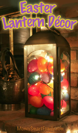 A Beautiful Spring/ Easter Lantern filled with colorful plastic easter eggs and lights.