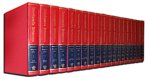 A red set of Encyclopedia Brittanica books.