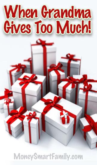 Grandparent Gift Giving Etiquette? How to Stop Excessive Indulgence 2 When Grandparents give too much. A pile of white presents wrapped with red bow.