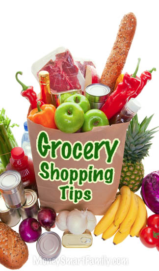 Grocery Shopping money saving tips with a bag full of fresh produce.