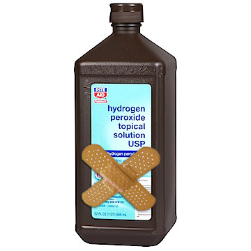 A Hydrogen Peroxide bottle with two bandaids crossed on the label.