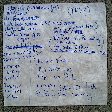 Free Grocery Shopping List Form 5 White piece of paper with blue writing for a shopping list at Frys Food and Drug in Arizona