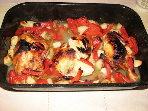 IMG_3229-Chicken-Peppers-Recipe-Roasting-Pan Chicken and peppers recipe in a black enamel pan.