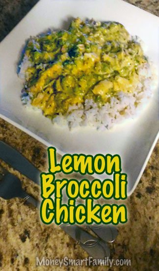 Lemon-Broccoli-Chicken-Vert Lemon Broccoli Chicken on a white square plate served over rice.