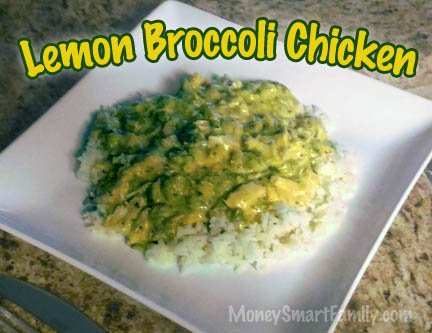 Lemon Broccoli Chicken on a white square plate served over rice.