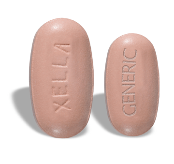 A pink pill next to a generic, smaller pill.