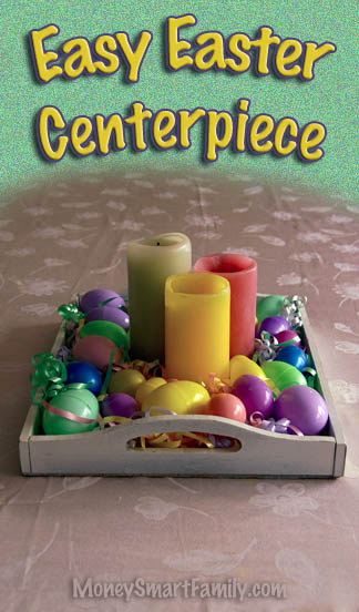 11 Fun Easter Traditions for Families: Crafts, Decor, & Activities for a Great Celebration 4 A white tray full of colored pillar candles, surrounded by colorful easter eggs and green Easter grass.