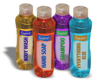 4 Suave shampoo bottles used for body wash.