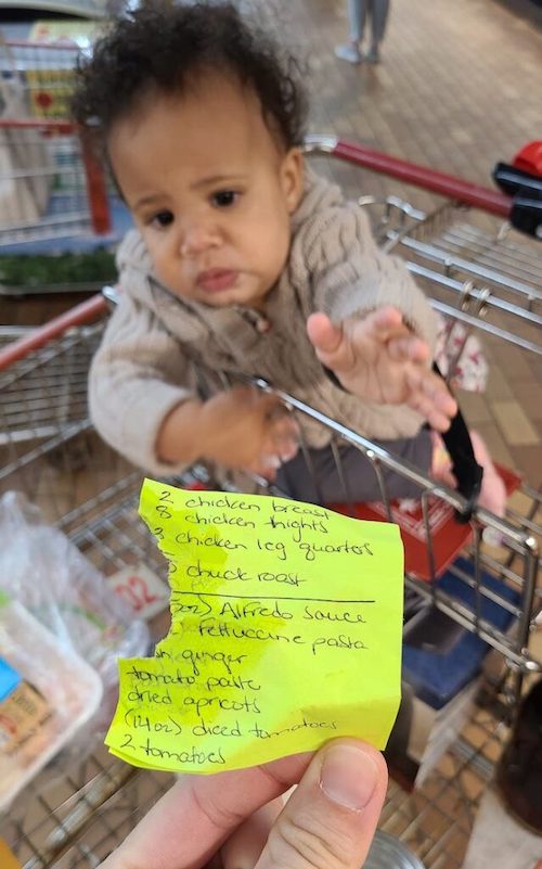 Free Grocery Shopping List Form 6 a baby in a shopping cart reaching for a shopping list that she chewed.