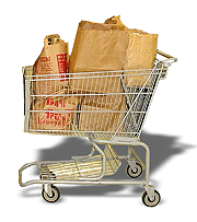 Grocery Tips Landing Page 3 Shopping Cart full of paper grocery bags