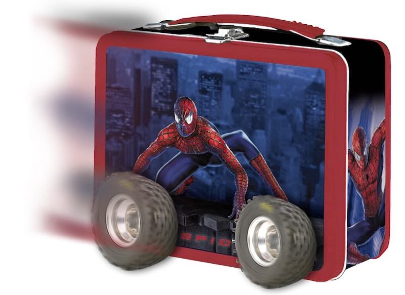 A spiderman lunch box with wheels on it.