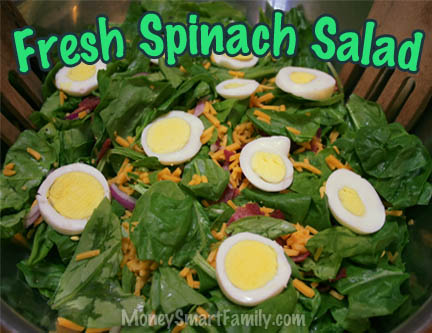Try this fresh spinach salad. It contains eggs, bacon and lots of love - a delicious summer healthy meal treat.