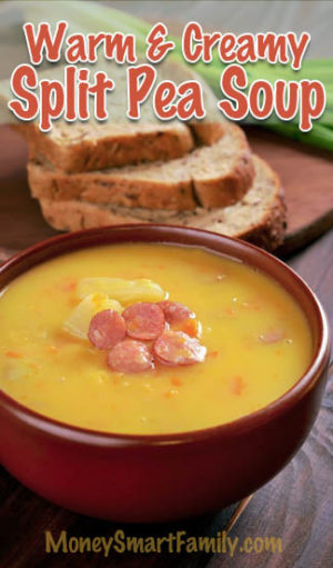 Pork Main Dish Recipes (Ham and Sausage too) – Delicious to Eat! 12 A brown crock bowl filled with split pea soup with chunks of ham on top. #SplitPeaSoup #SplitPeaSoupWithHam #CreamyPeaSoup