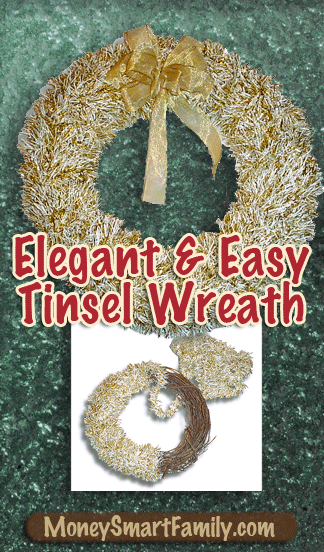 10 Stunning & Fun, Budget-Friendly DIY Christmas Craft Ideas 2 An Elegant & Easy DIY Tinsel Wreath that anyone can make as a christmas craft.