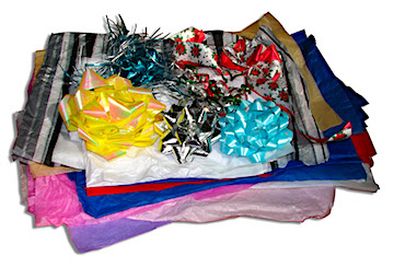 Leftover tissue paper, wrapping, bows and ribbons.