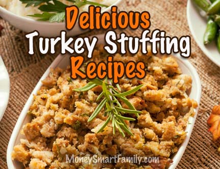 Collection of Starchy side dishes. Turkey Stuffing in a white stoneware bowl.