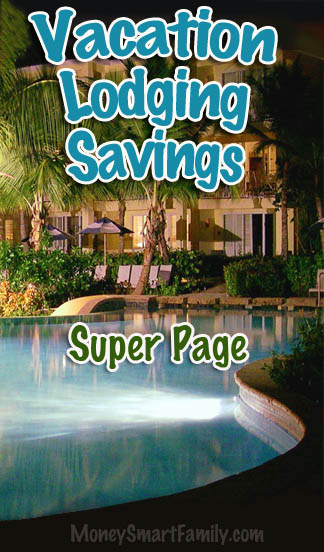 Vacation lodging / hotel savings super page with a hotel pool.