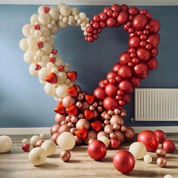 Valentine's balloon display idea with balloons in the shape of a heart.