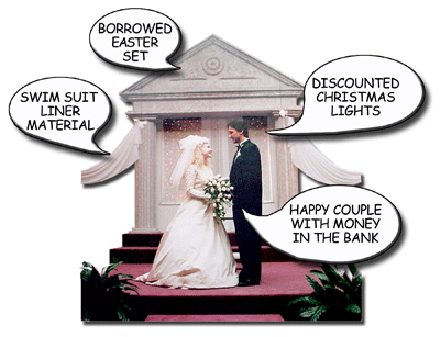 A couple standing at the wedding altar with word balloons around them.