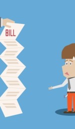 A long list of bills hanging in front of a man.