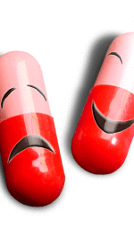 Two large red and pink pills, one with a smiling face and the other with a frown.