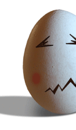A white egg with a crooked mouth and a thermometer sticking out of it.