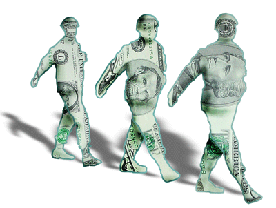 3 soldiers made out of money, marching in a line.