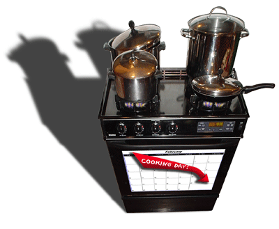 A black stove with 3 pots and one frying pan on top.